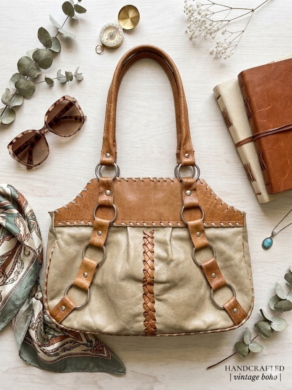 Vintage Artisanal Boho Two-Tone Leather Tote